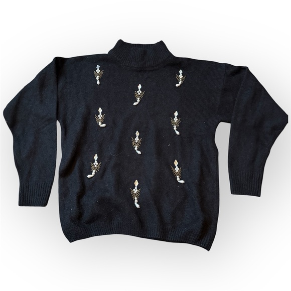 cezanne Sweaters - Cezanne Black Turtleneck Sweater with Beaded Pearl Embroidery